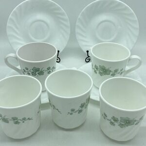 Corelle Green Ivy Cups Set White Vintage Coffee Floral Corning Mugs‎